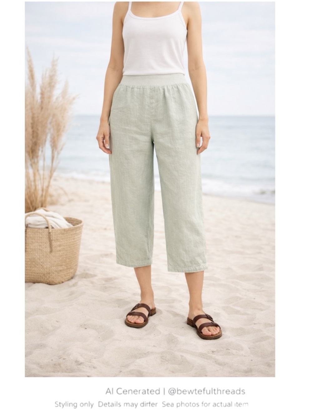 Sage Green Linen Cropped Pants Elastic Waist Minimalist Coastal Chic